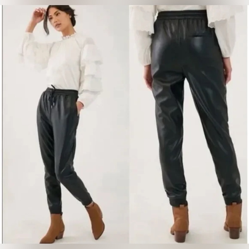 NWT Avec Les Filles Anthropologie Black Vegan Faux Leather Jogger Pants Size Med